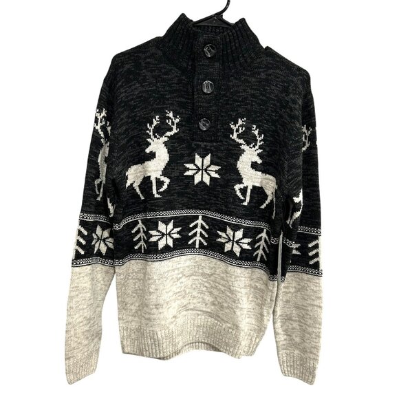 Amongst Others Reindeer Pattern Sweater Black Beige Button Collar Sz Medium - Picture 1 of 9